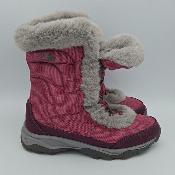 The North Face Big Girl Nuptse Boots Size 6 Red Purple Grey Lace Up Faux Fur II - Picture 4 of 7